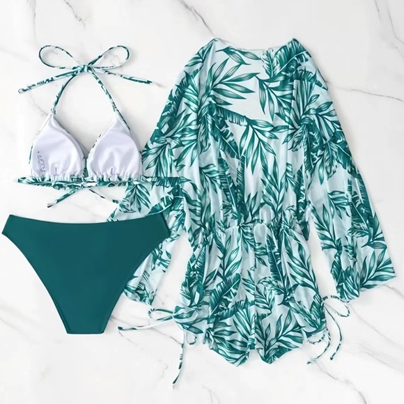 Tropical Triangle Top Bikini Bottoms Matching Romper Cover Up Swim Set Swimsuit - Picture 3 of 16